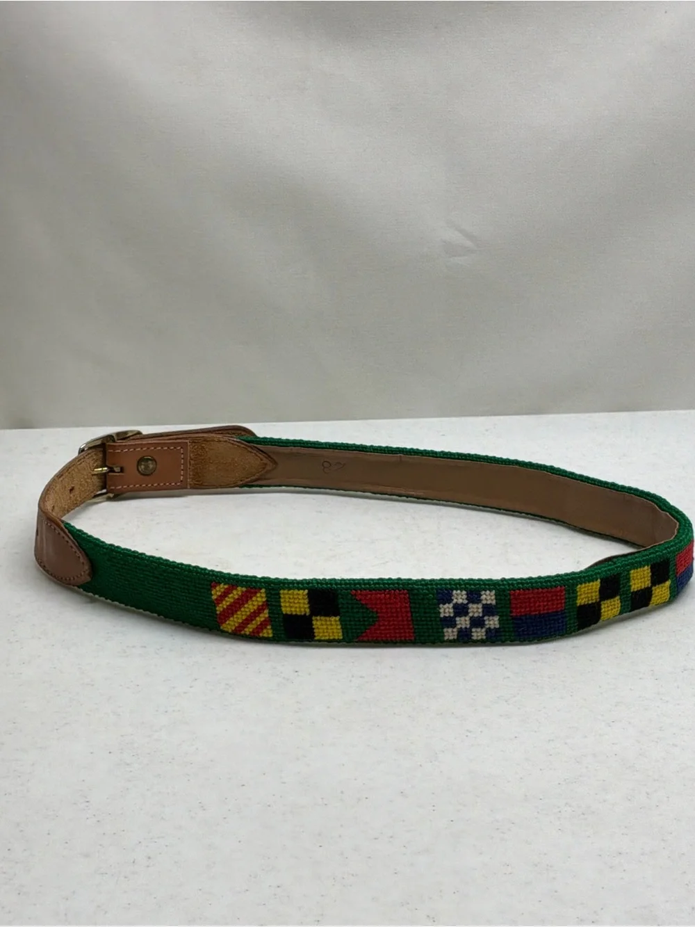 Needlepoint and Leather Nautical Flags Belt Size 28